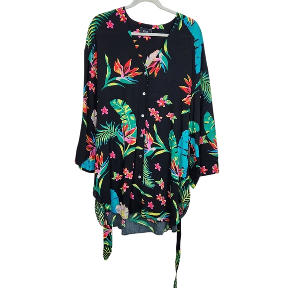 Vici Black Hawaiian Floral Button Up Belted Swimsuit Cover Up Womens Size Small - Picture 2 of 11